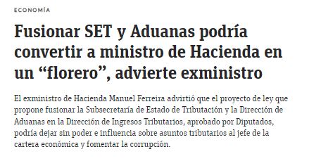 Fusionar SET y Aduanas podría convertir a ministro de Hacienda en un “florero”, advierte exministro